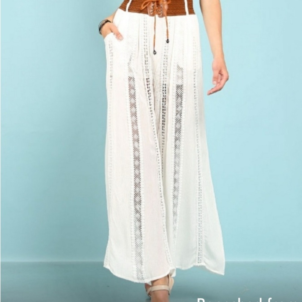 Crochet White Lace Up Belt Detail Pants